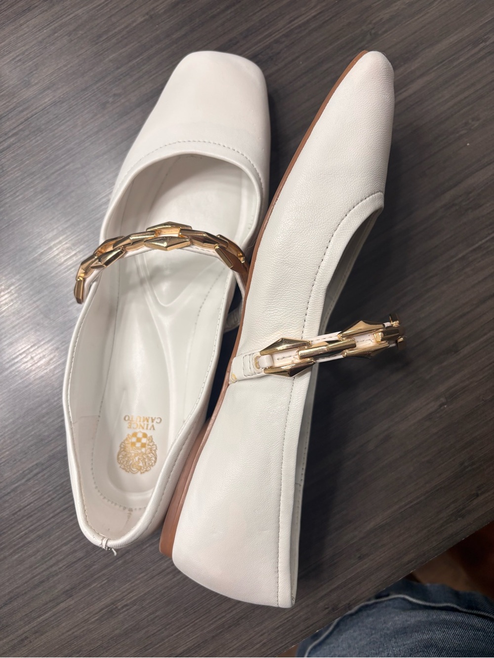 Vince Camuto White Leather Mary Jane Flats with Gold Chain Strap